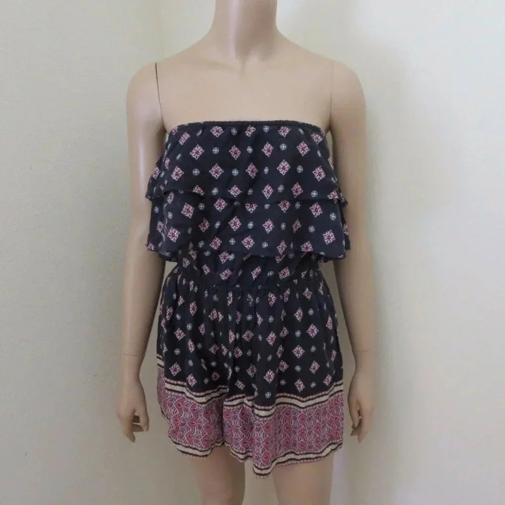 Hollister Printed Strapless Ruffle Romper Size S